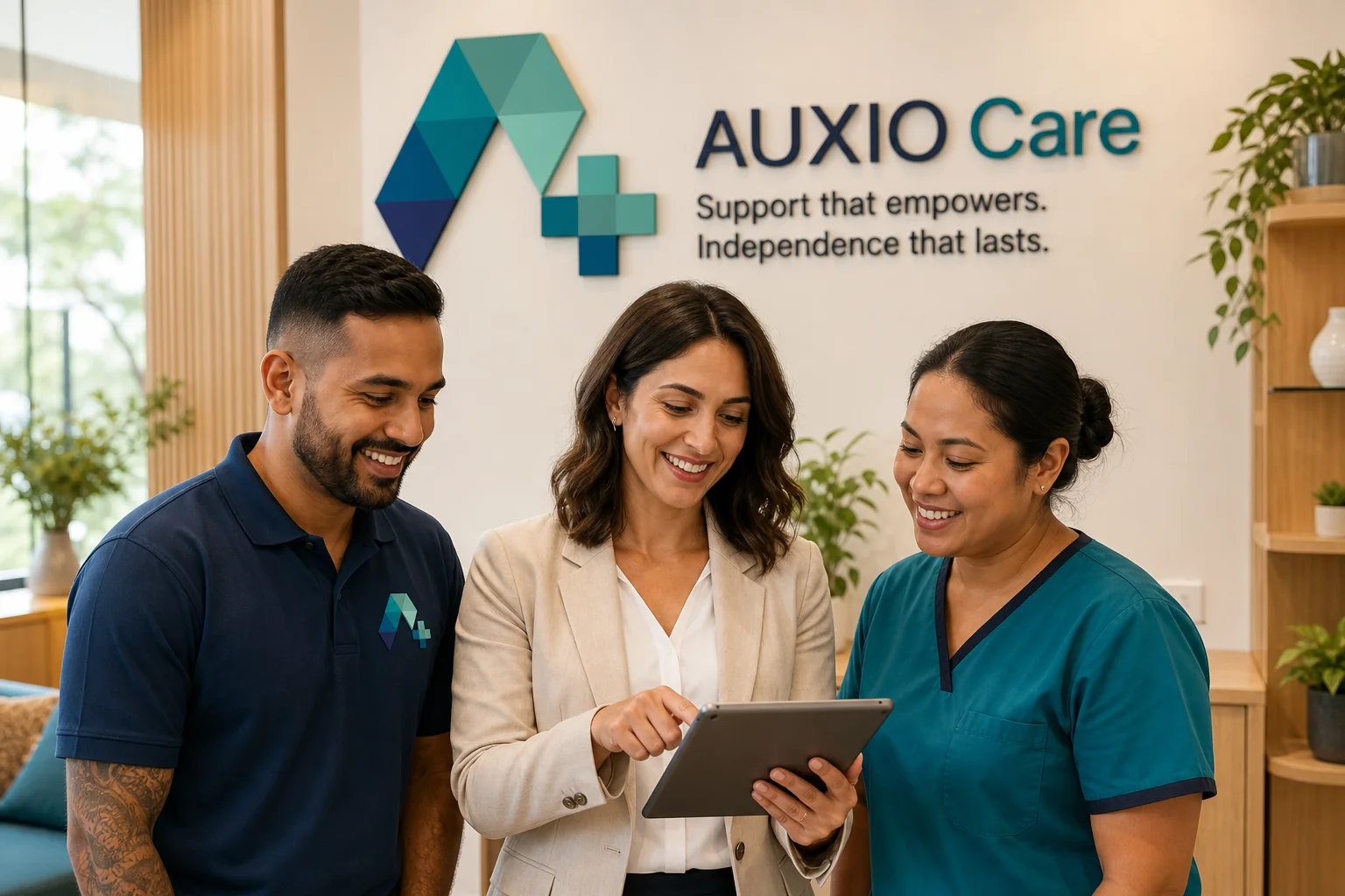 An organisation manager reviewing staffing needs with two AUXIO Care professionals