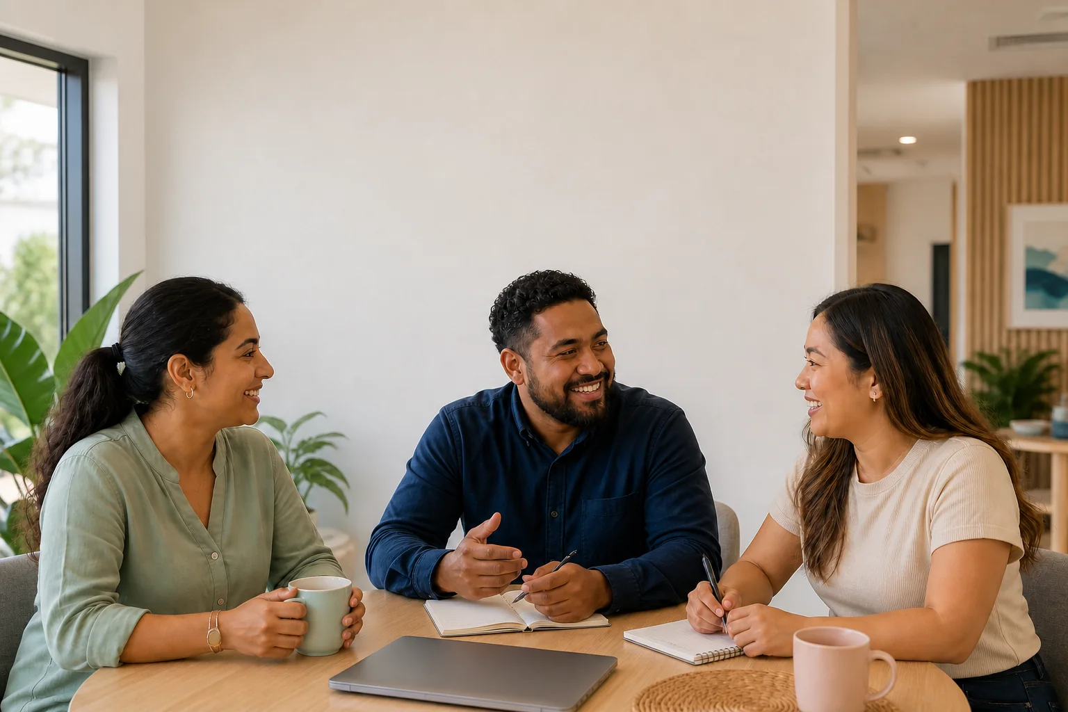 A diverse community-care team talking together in a welcoming office